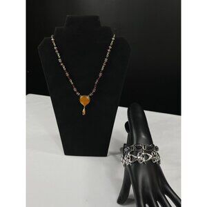 Vintage SKU 7862 Amber Pendant Necklace and Silver Bracelet Set